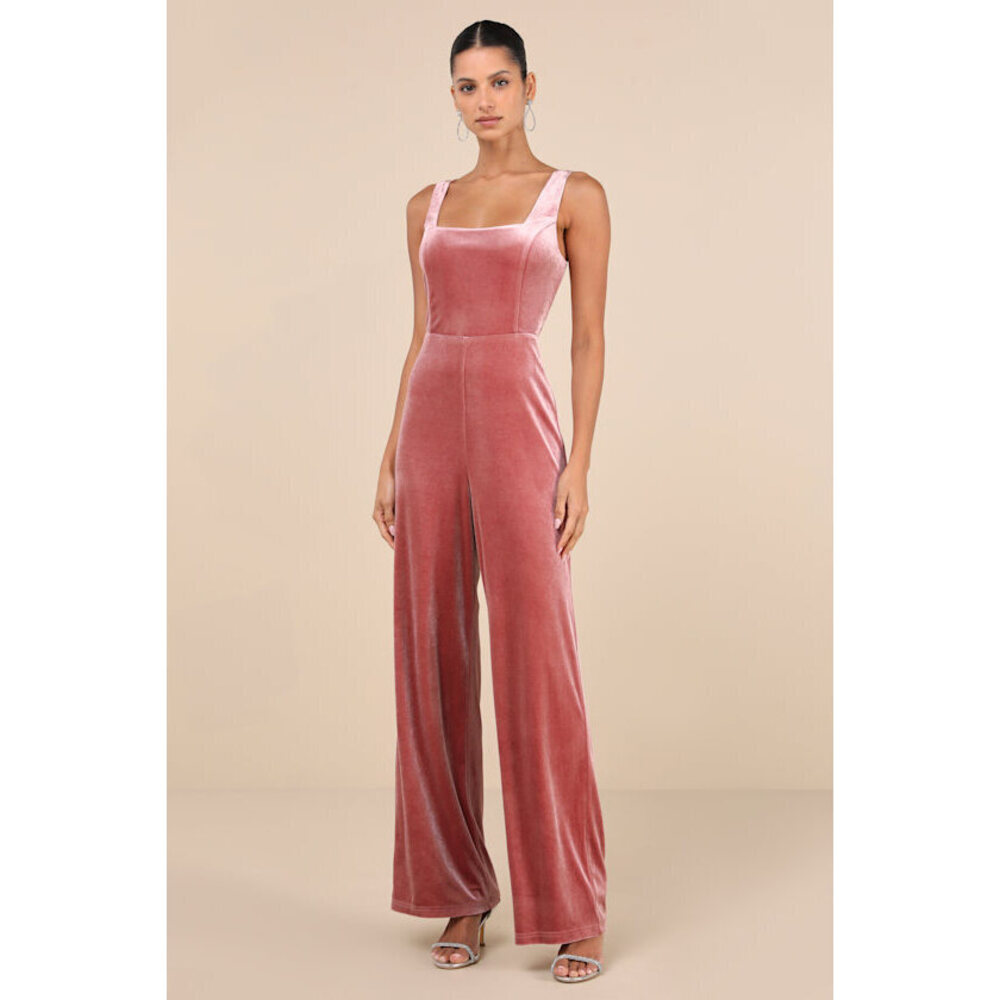 Lulus Splendidly Stunning Dusty Rose Velvet Lace-up Wide-leg Jumpsuit Pink XS